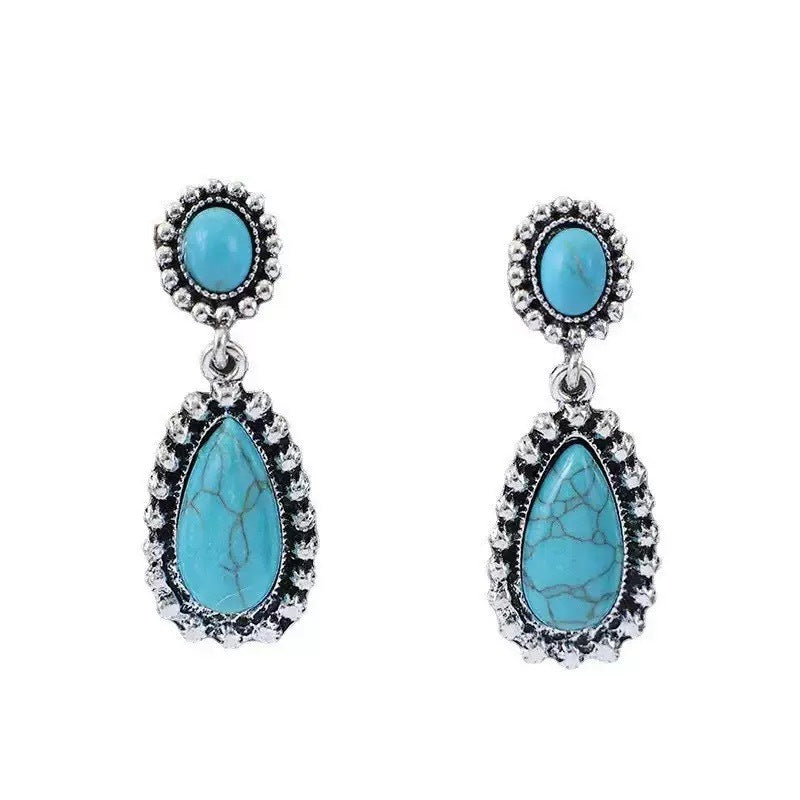 Wholesale artistic retro bohemian style turquoise teardrop-shaped  earrings