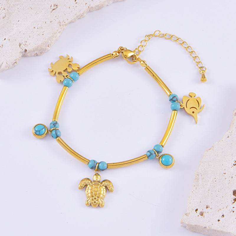 Wholesale Titanium Steel Vacation Ocean Style Bracelet Turquoise Shell Dolphin Bamboo Bracelet