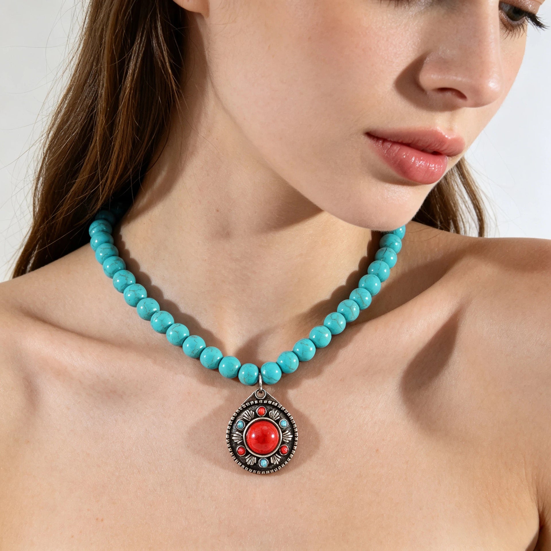 Wholesale Vintage Turquoise Red Stone Cross Pendant Necklace For Women Retro Collarbone Chain Jewelry Accessory