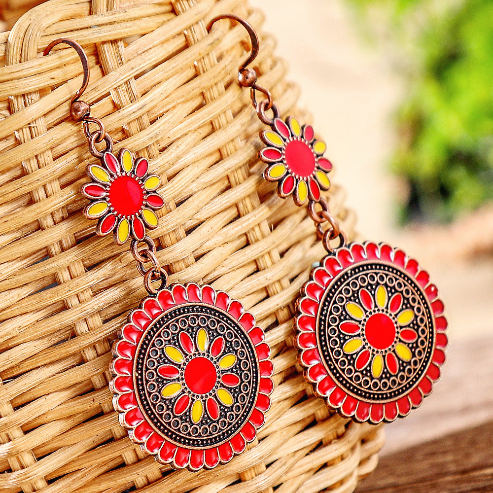 Wholesale Retro Sunflower Oil Drip Earrings - Zinc Alloy Jewelry Accessory for Party