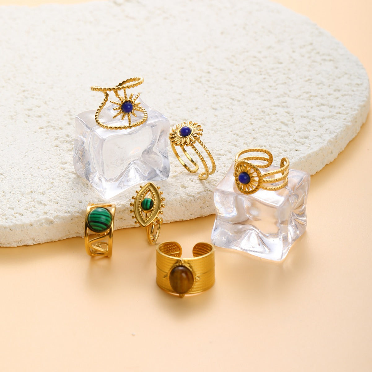 Wholesale 18k Gold Plated Tiger Eye Turquoise Stainless Steel Rings ACC-RS-MuC016