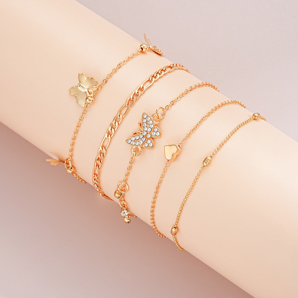 Wholesale  5pcs/set leisure style personality simple butterfly beads peach heart anklet