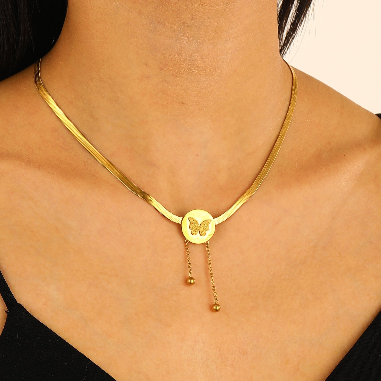 Wholesale Light Luxury Stainless Steel Gold Plated Frosted Butterfly Necklaces ACC-NE-MY017