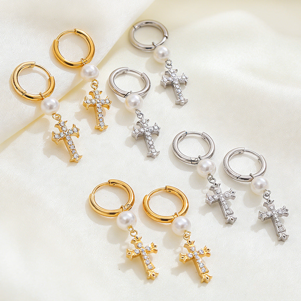 Wholesale Stainless steel zircon cross earrings