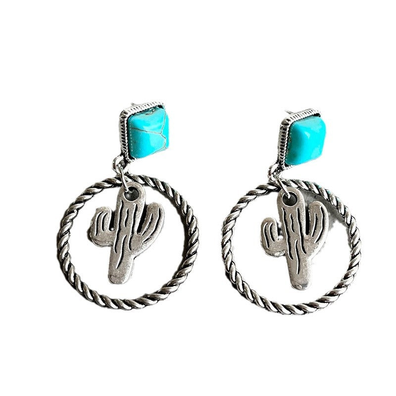 Wholesale Western Bohemian Ethnic Style  Cactus Alloy Pine Stone Earrings