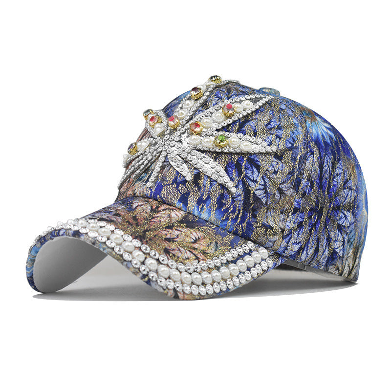 Wholesale Maple Leaf Print Rhinestone Baseball Cap Teal Adjustable For Men Women Outdoor Everyday Wear
