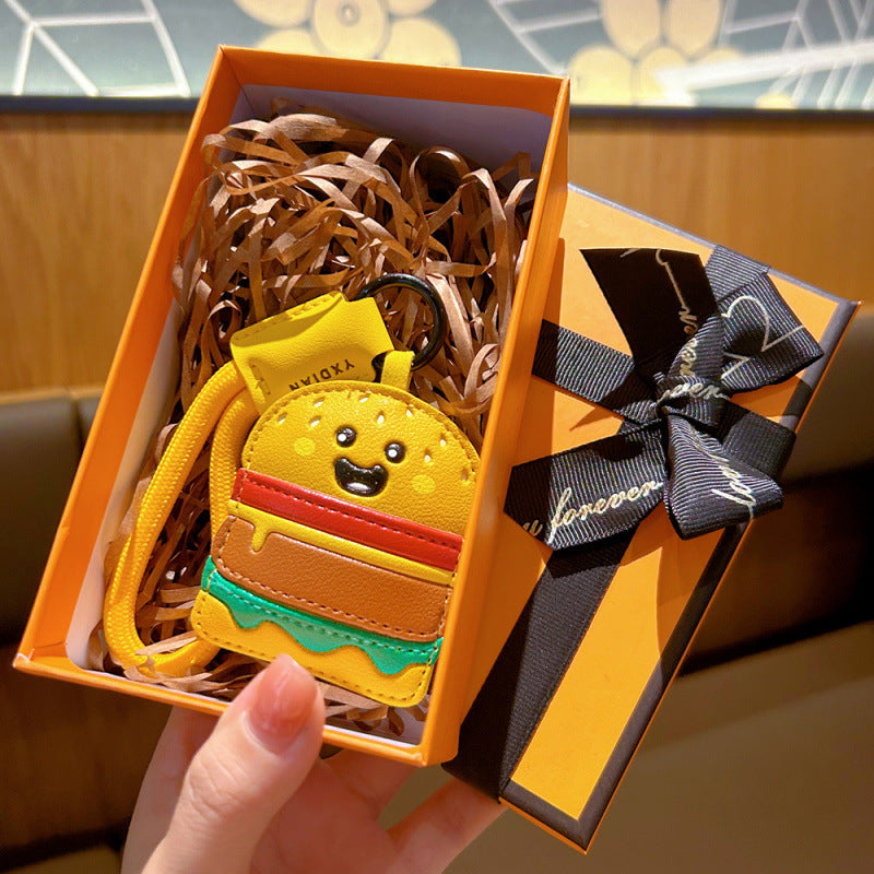 Wholesale Leather Cartoon Food Keychain Pizza Hamburger Pendant For Boys Girls Backpack Car Key Gift