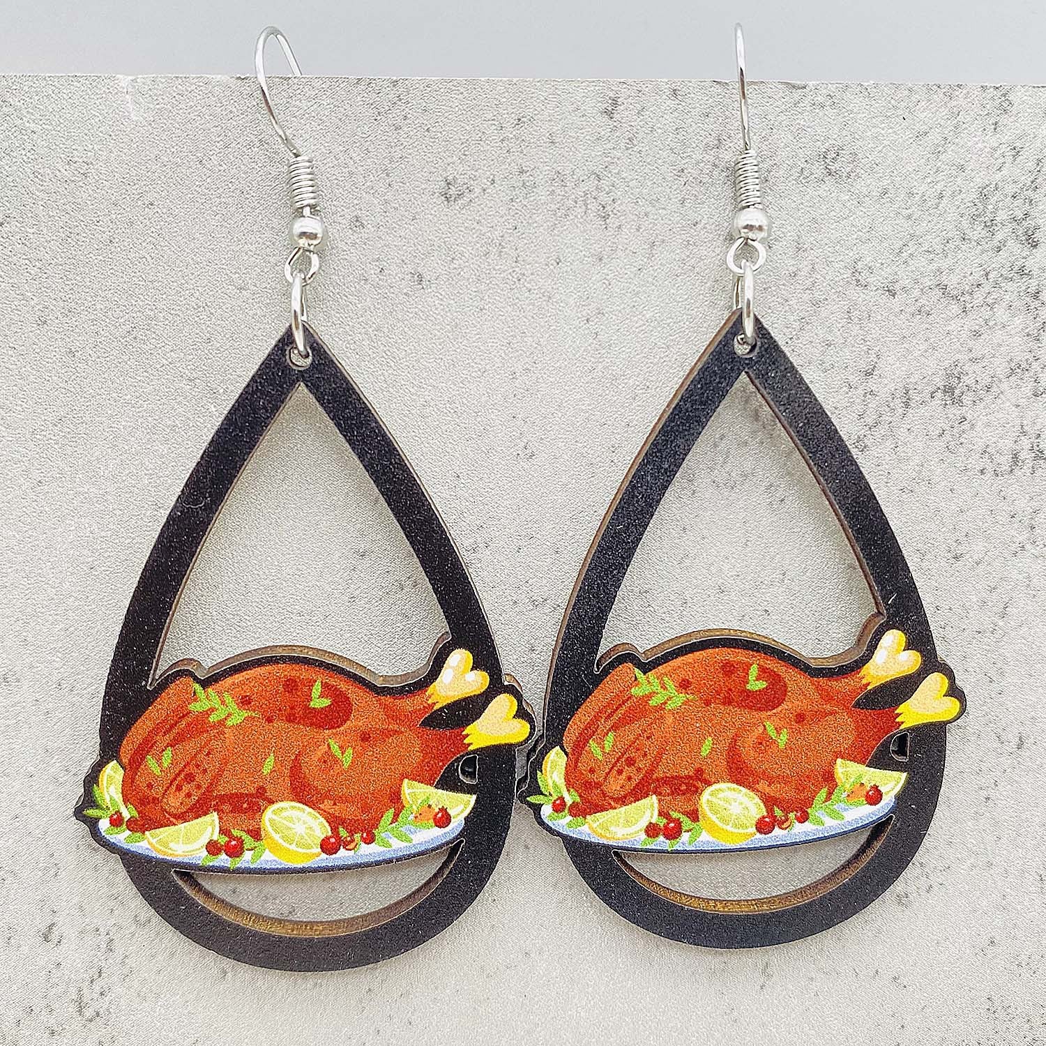Wholesale  Thanksgiving Wooden Earrings Pumpkin Turkey Maple Leaf Print Drop Earrings