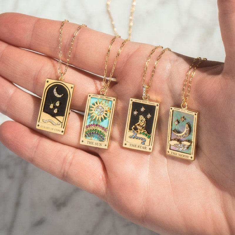 Wholesale Gold-plated Tarot Card TAROT Necklace with Diamond and Oil Square Cards ACC-NE-Jipei009