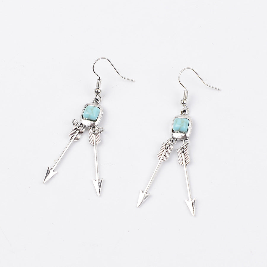 Wholesale Medieval Style Antique Silver Turquoise Feather Arrow Earrings Zinc Alloy Electroplated Jewelry Accessory