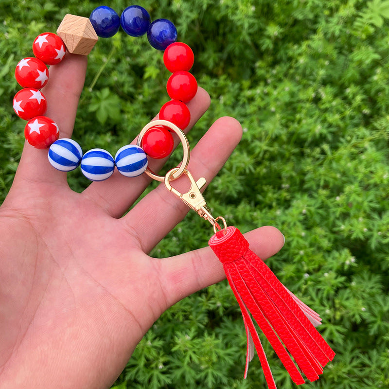 Wholesale American Independence Day Wooden Beads Tassel Wristlet Keychain ACC-KC-QiuXue013