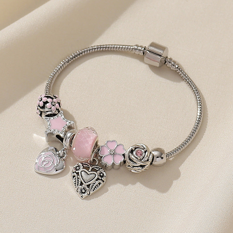 Wholesale  heart painting oil pink heart five-pointed star DIY glass beaded bracelet