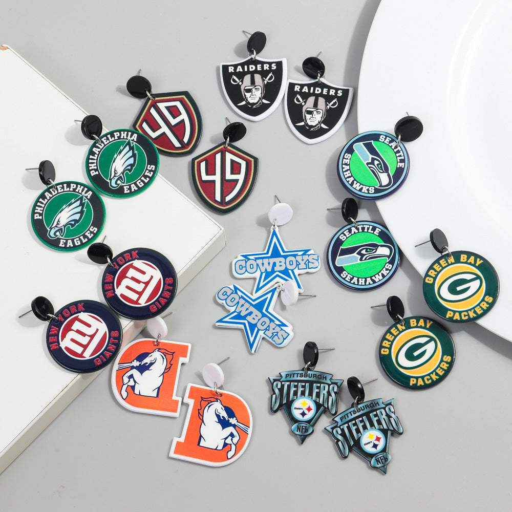 Wholesale Foreign Trade Cross-border European and American Football League Exaggerated Earrings Distinctive Sweet Cool Style Acrylic Printed Earrings Earrings