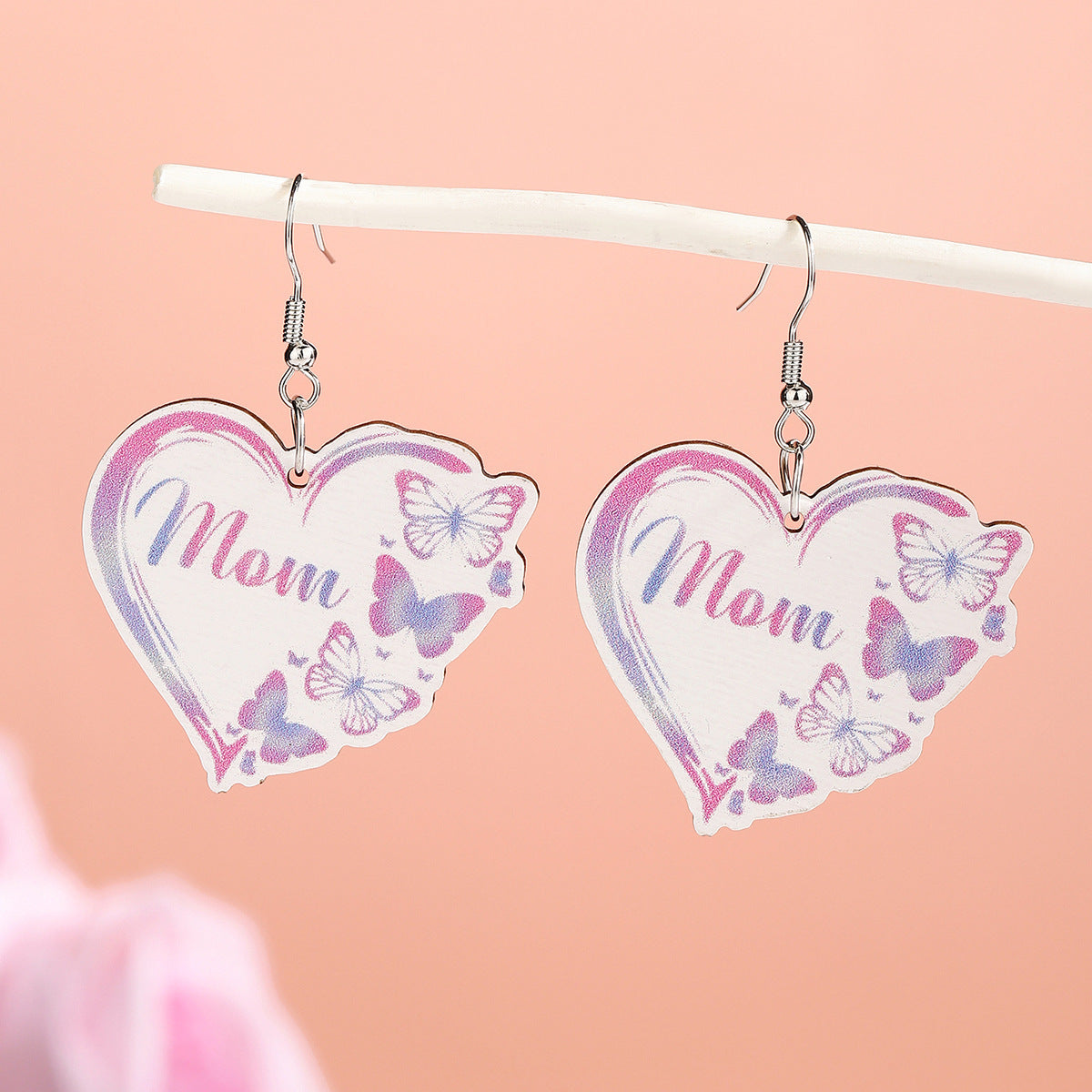 Wholesale Mothers Day Wooden Earrings MOM Butterfly Bouquet Earrings