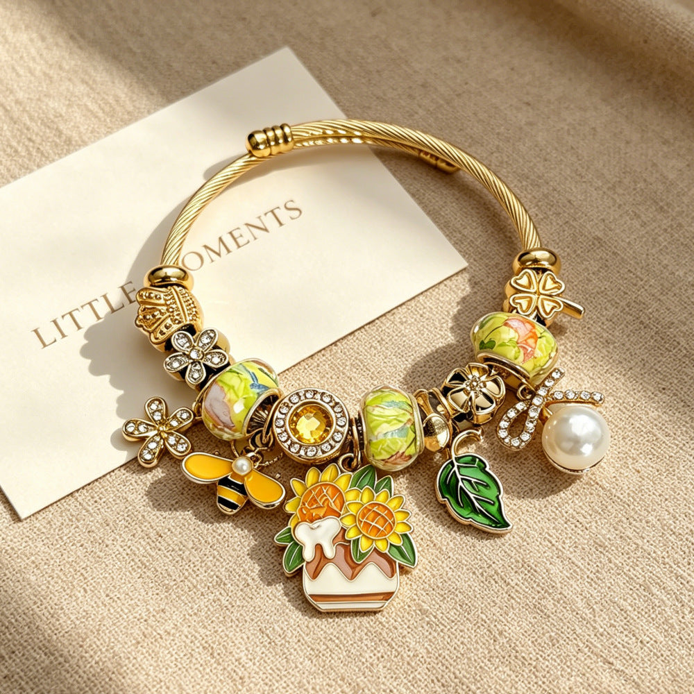 Wholesale Trendy DIY Glass Bead Bracelet With Sunflower Bee Pearl Pendant Adjustable Stainless Steel Women S Fashion Accessory