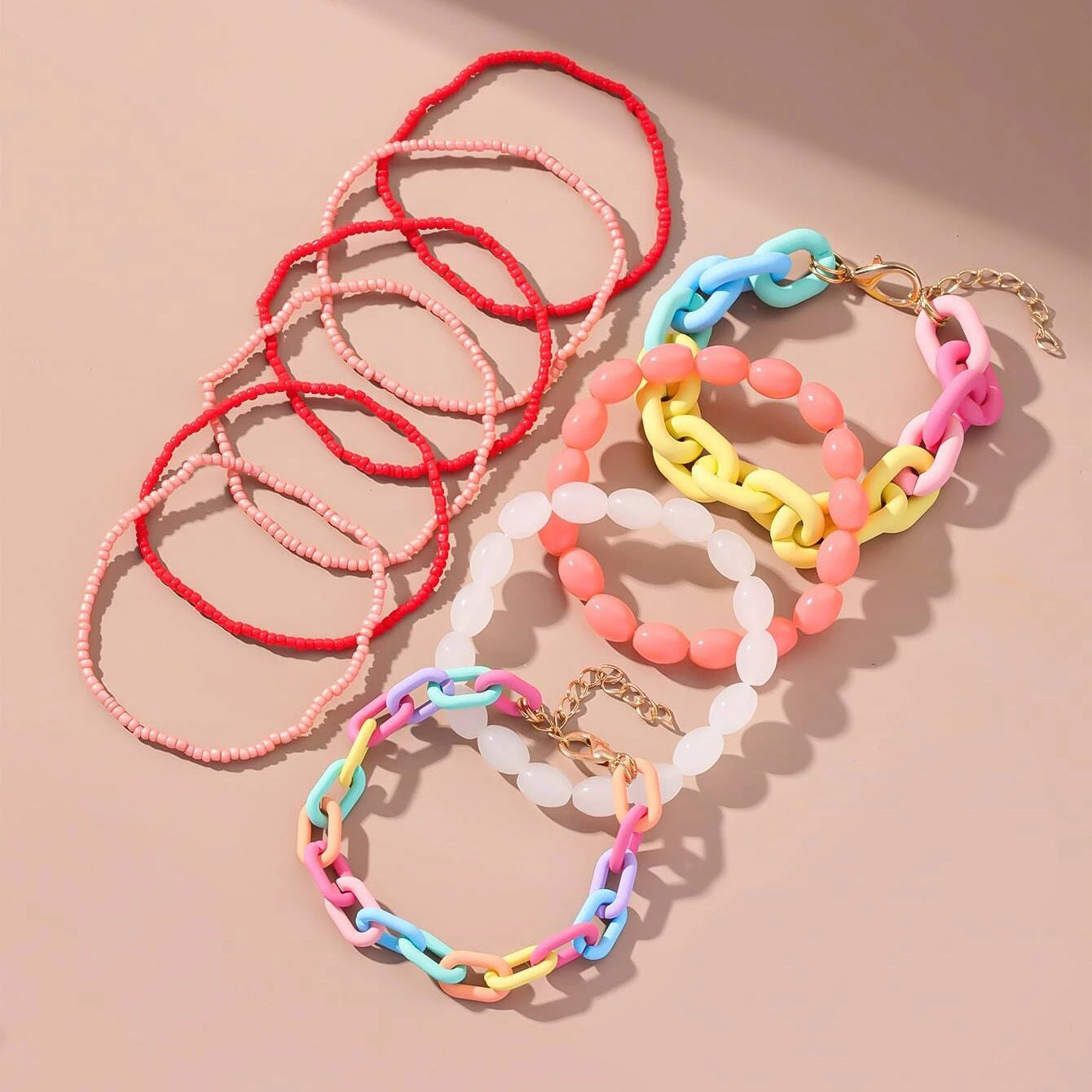 Wholesale  10pcs/set candy-colored acrylic buckle  rice beads woven bracelet