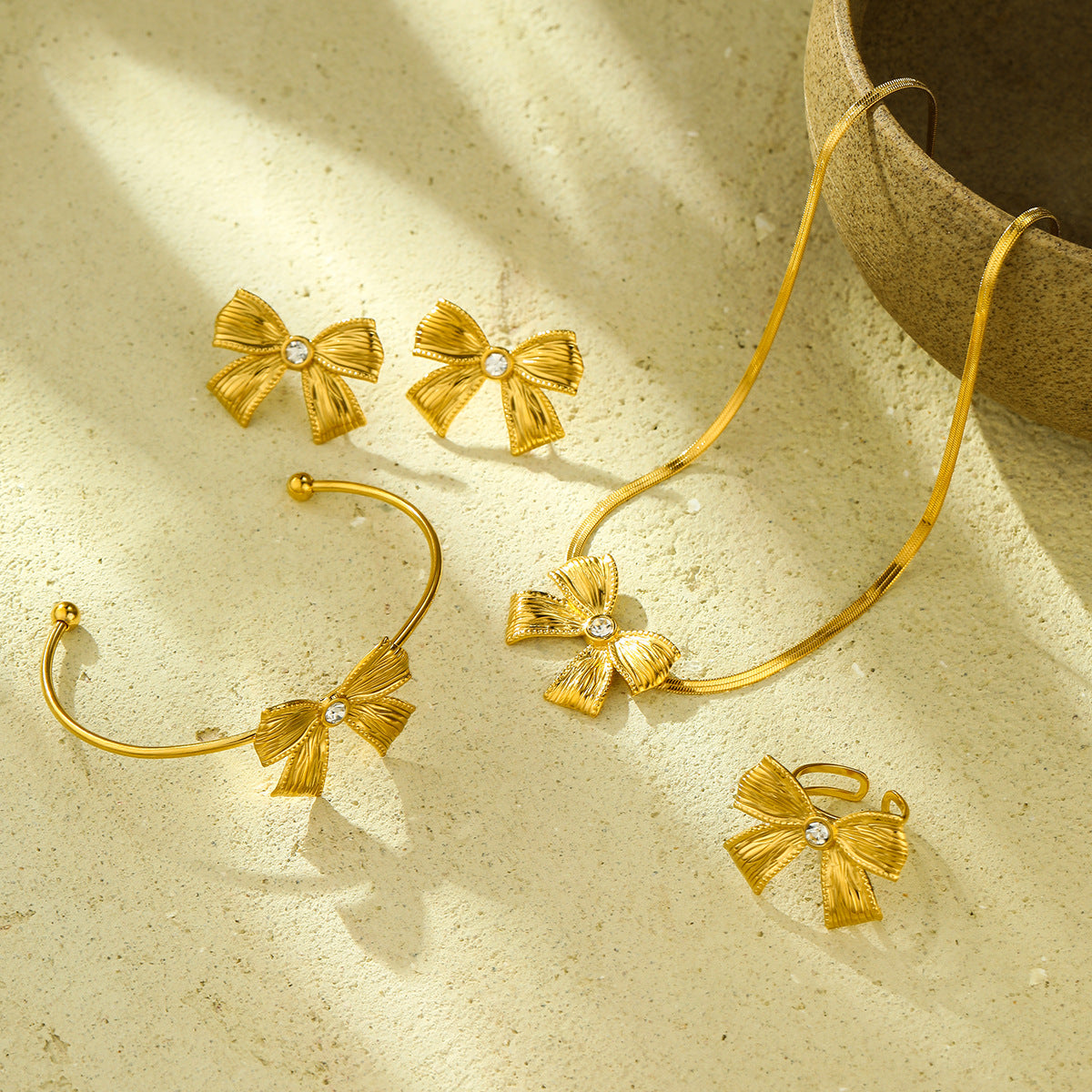 Wholesale Diamond Bow Stainless Steel Necklace  Earrings Ring suit Jewelry