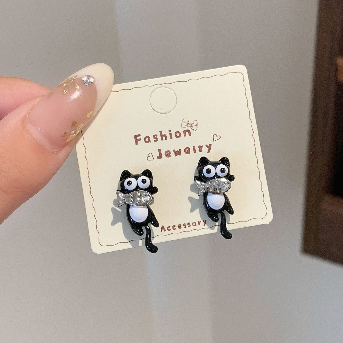 Wholesale Trendy Black Cat Earring Set,  Cute Cat Tail Design,  Silver Needle,  Zinc Alloy Drip Oil,  Everyday Jewelry Accessory