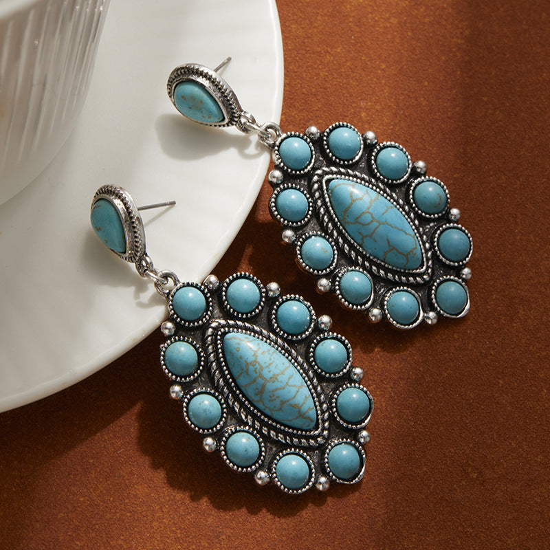 Wholesale Hollow Out Turquoise Heart Earrings Vintage Bohemian Chic Alloy Fashion Accessory Boutique Gift