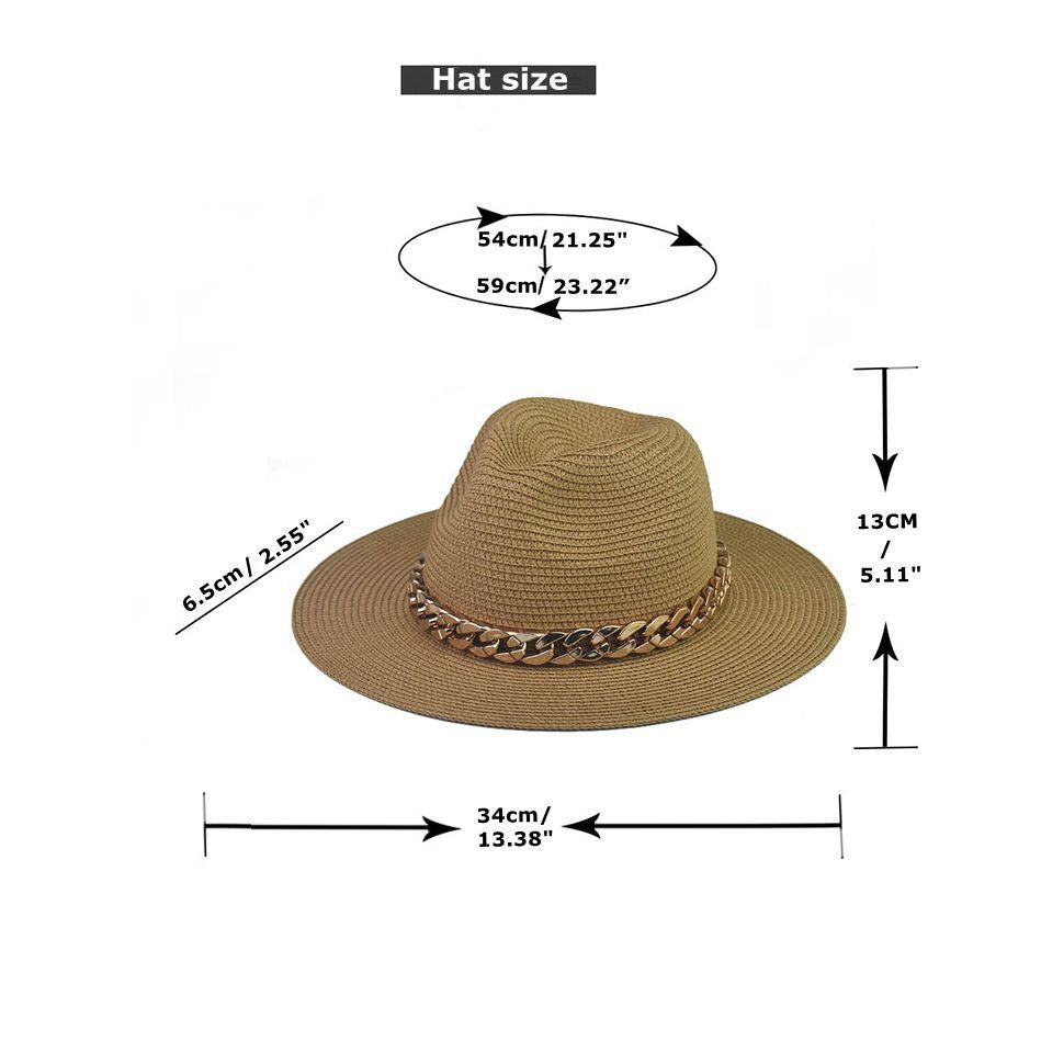 Wholesale Trendy Wide Brim Straw Hat With Gold Chain Decoration Flat Top Khaki Sun Hat For Summer Casual Wear
