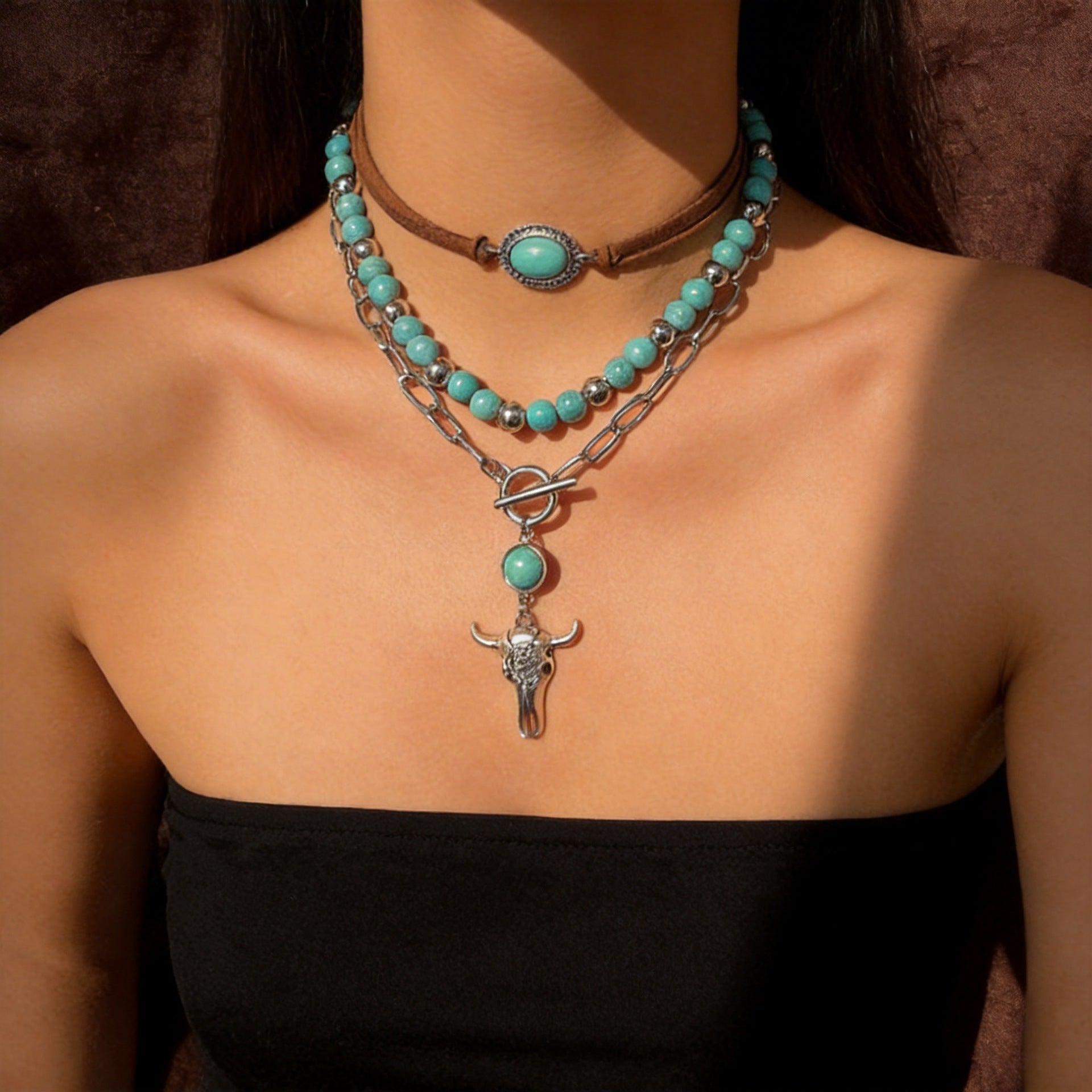 Wholesale Metal Bull Head Pendant Necklace Set with Natural Stone Accents,  Layered Chain,  Fashion Accessory for Women