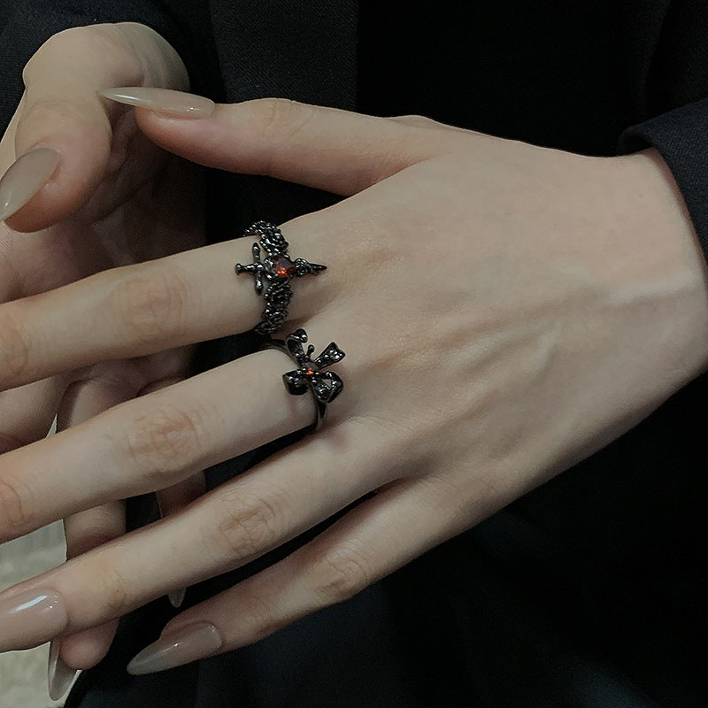 Wholesale Cross Dark Red Zircon Open Heart Rings ACC-RS-JiuHao022