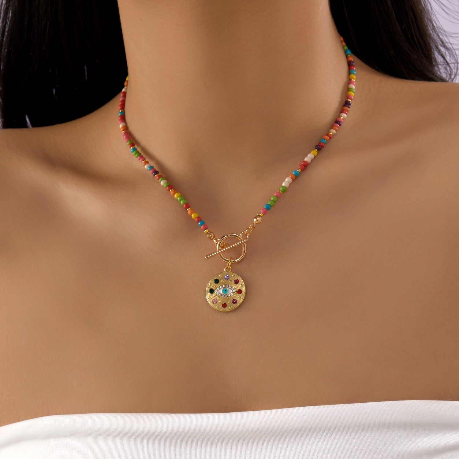 Wholesale Resin Beaded Necklace with Cute Heart and Evil Eye Pendant,  Trendy Fashion Accessory for Women