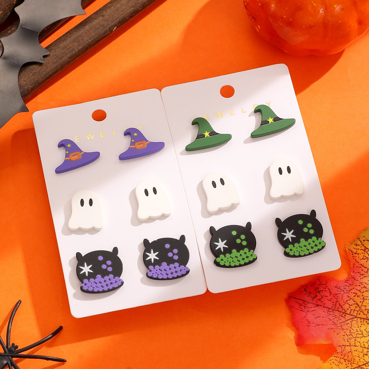 Wholesale Acrylic  Earrings - 3 Pair Set of Witch Hat and Ghost Stud Earrings for Party Wear Boutique Resale