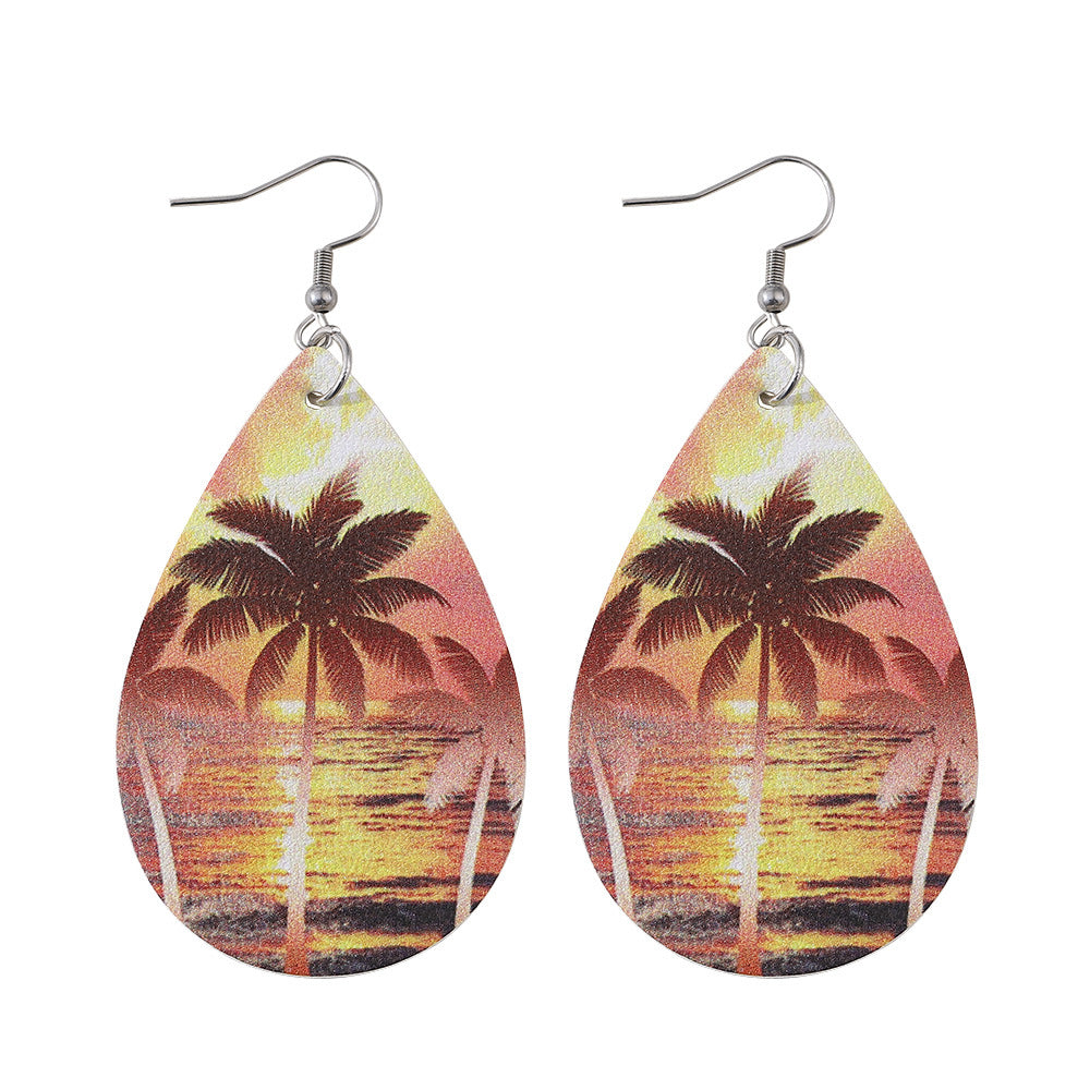 Wholesale  Ocean Wind Coconut Tree Beach Wave PU Double-sided Water Drop  Earrings