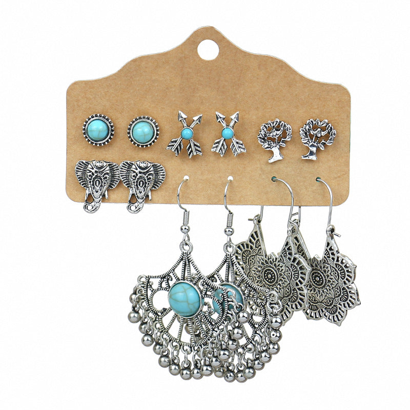 Wholesale Vintage Turquoise Lantern Flower Earrings 6-Piece Set,  Alloy Electroplated Jewelry for Everyday Wear Gift