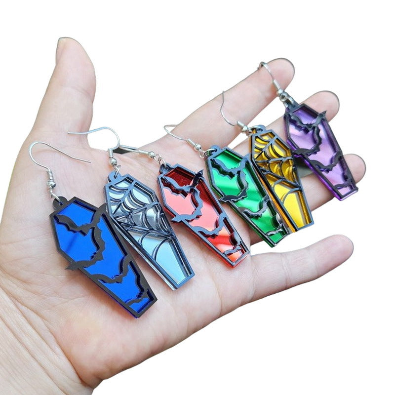 Wholesale Acrylic Gothic Bat Earrings Retro  Web Coffin Design Green Mirror Finish Fashion Accessory For Resale