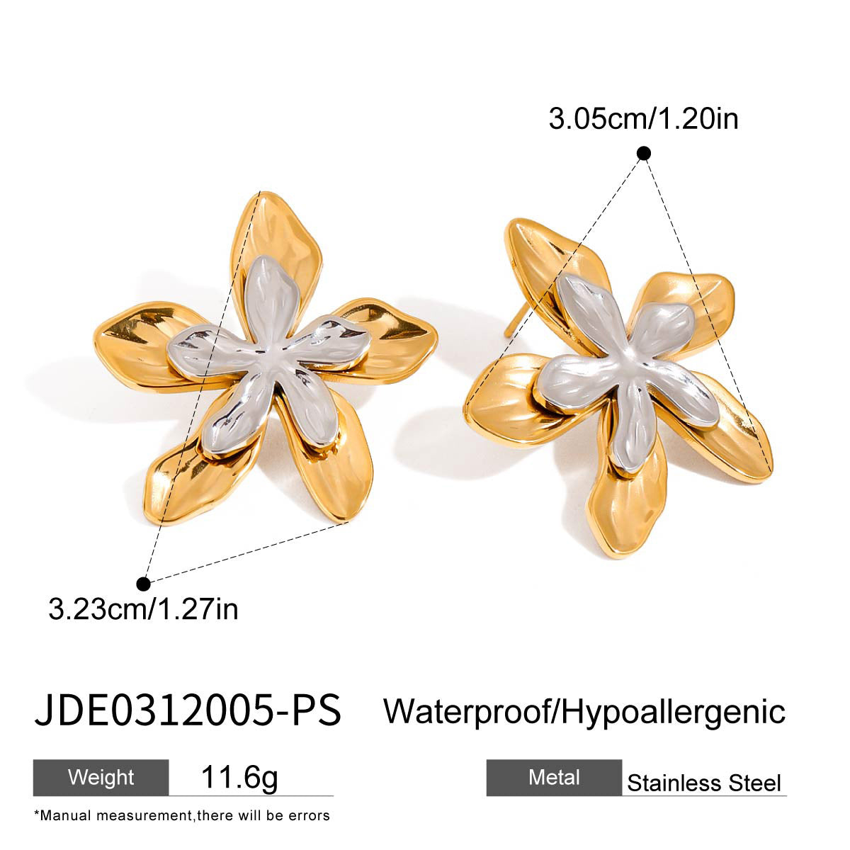 Wholesale  18K gold stainless steel hammered flower leaves up and down earrings