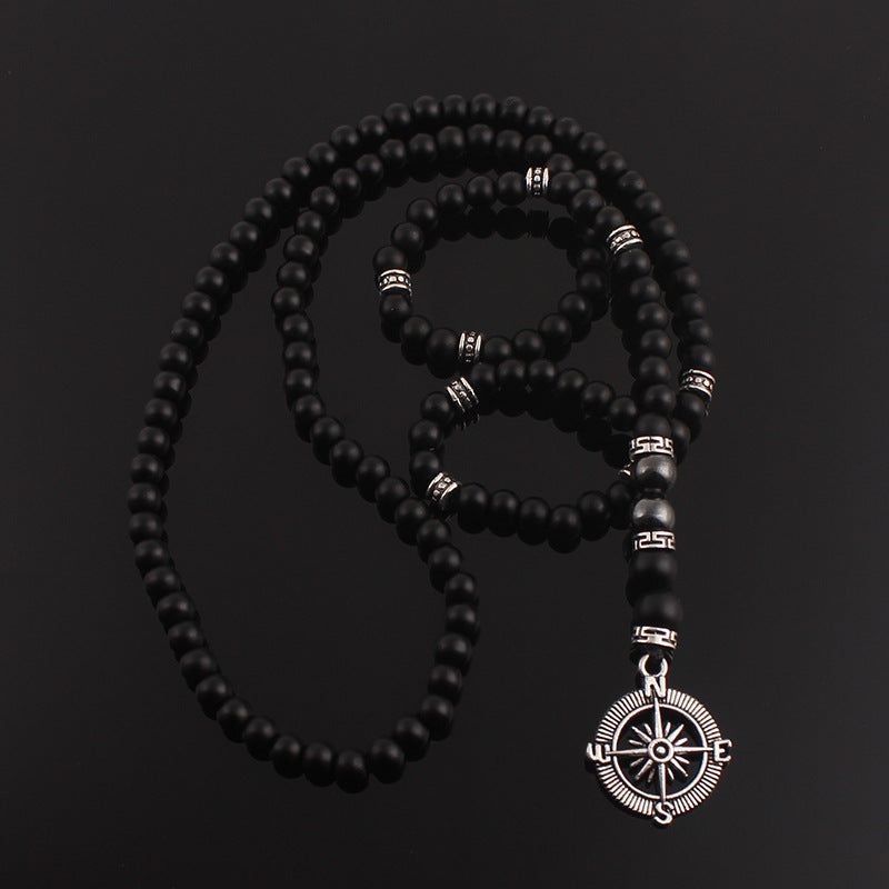 Wholesale matte black agate alloy compass pendant necklace