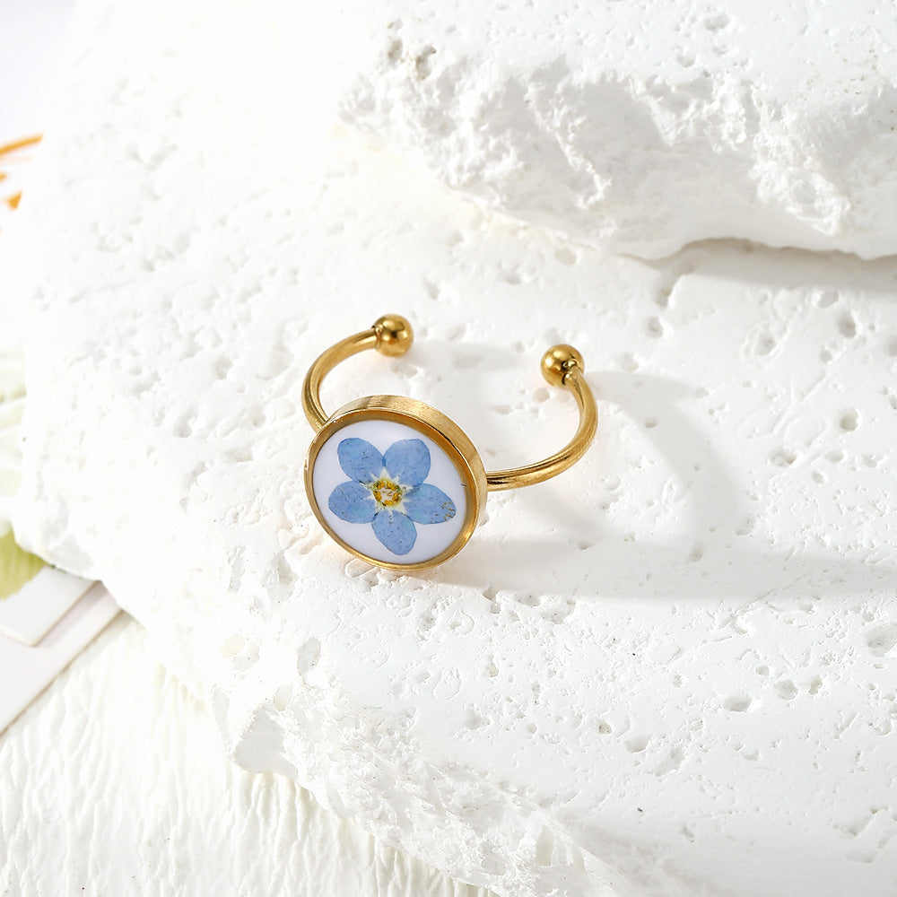 Wholesale Chic Adjustable Stainless Steel Ring With Dried Flower Boutique Resale Jewelry Accessory