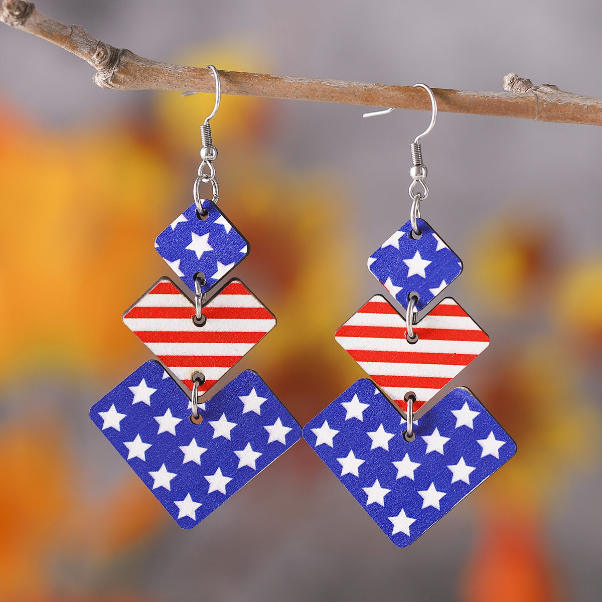 Wholesale of American Independence Day Red, White, Blue Striped Star Ice Cream Patchwork Wooden Double-sided Earrings ACC-ES-ChuLian009