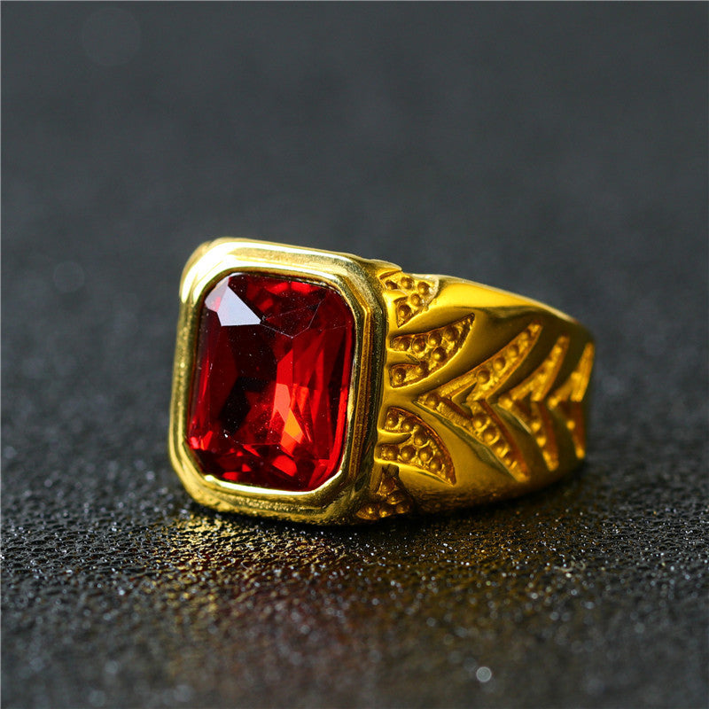 Wholesale Chic Red Rhinestone Gold Ring Men' s Minimalist Fashion Accessory Gift Idea