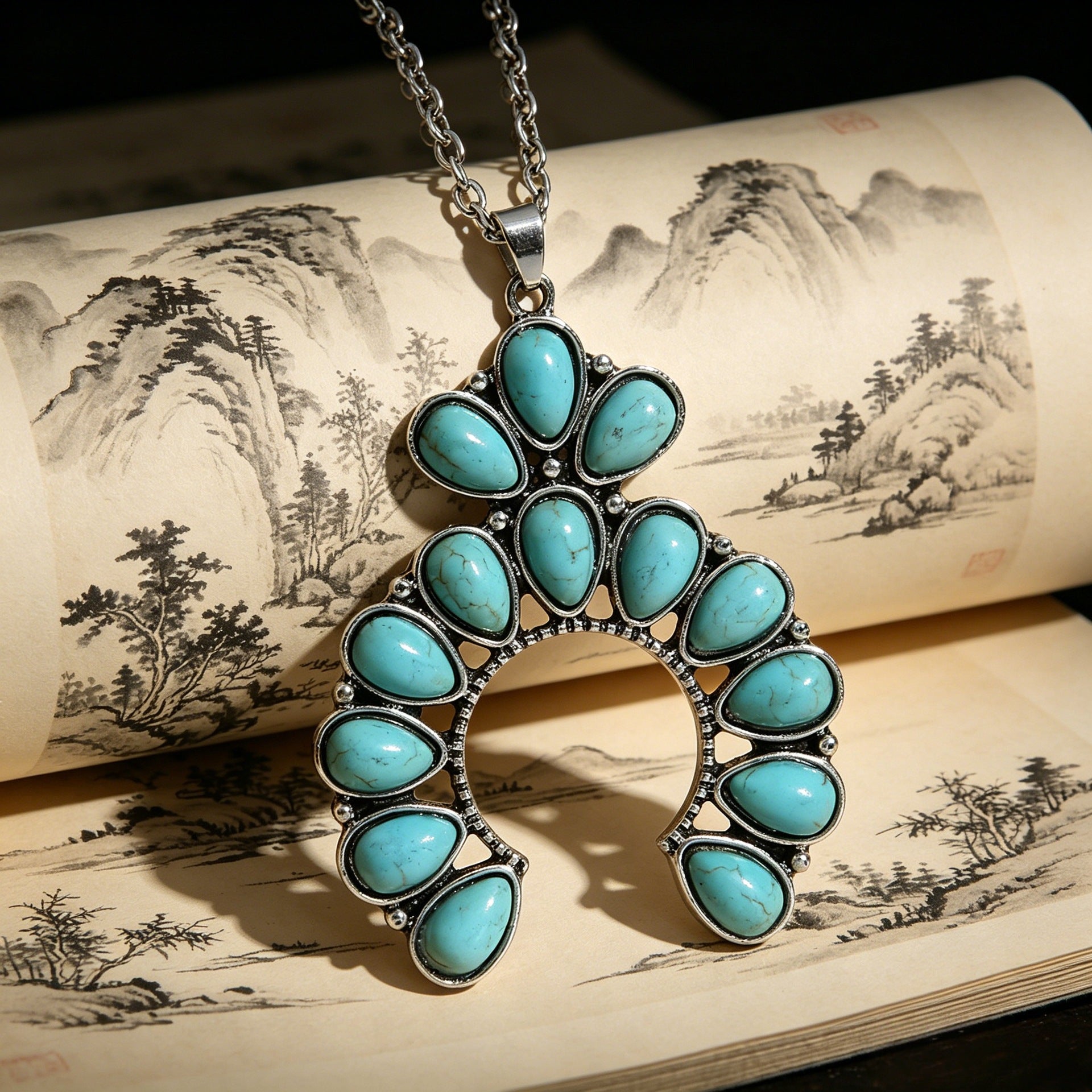 Wholesale Western Cowboy Pendant Necklace Pumpkin Flower Turquoise Design Alloy Jewelry Accessory Stylish Gift