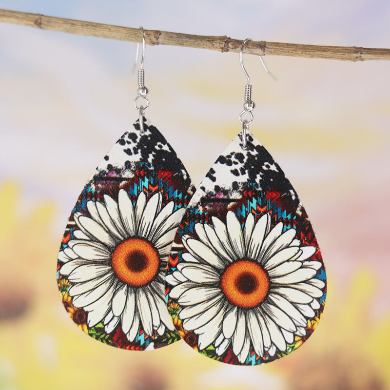 Wholesale  Cute Sunflower Leopard Print Leather Earrings