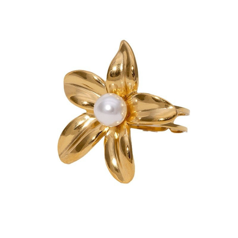 Wholesale all-match flower pearl stainless steel ring