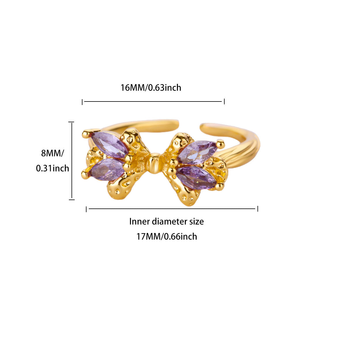 Wholesale Heart Shape Purple Bow Zircon Ring 18K Gold Plated Fashion Accessory Gift for Women Boutique Resale