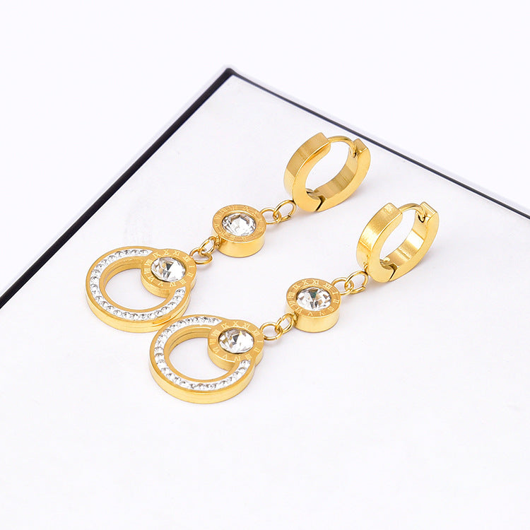 Wholesale Titanium Steel full diamond round pendant mid-length flower earrings