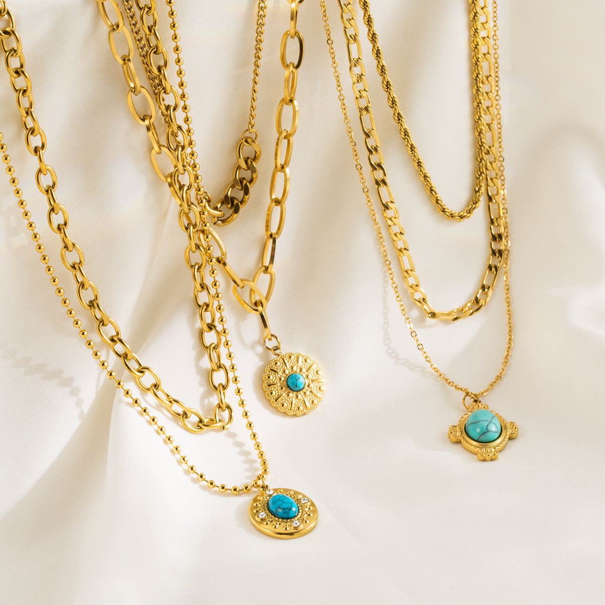 Wholesale Vintage Turquoise Stainless Steel Multi-layer Clavicle Chain Necklace ACC-NE-BP001