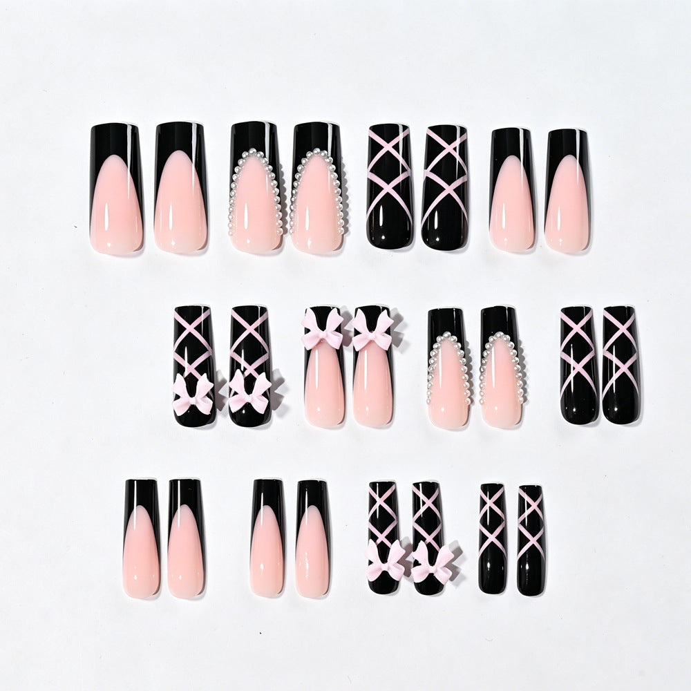 Wholesale Sweet Style 24Pcs Long Ballet Press On Nails With Pearl Bow Pattern Trendy Fashion Accessory For Everyday And Party Wear