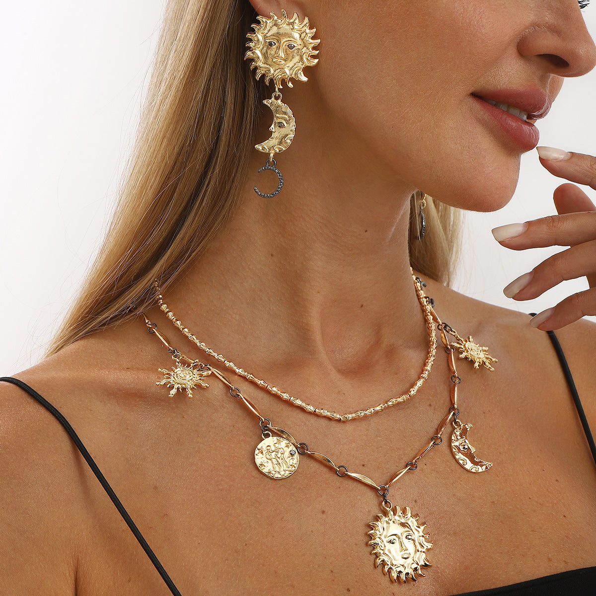 Wholesale Retro Sun Moon Face Portrait Geometric Tassel Earrings necklace