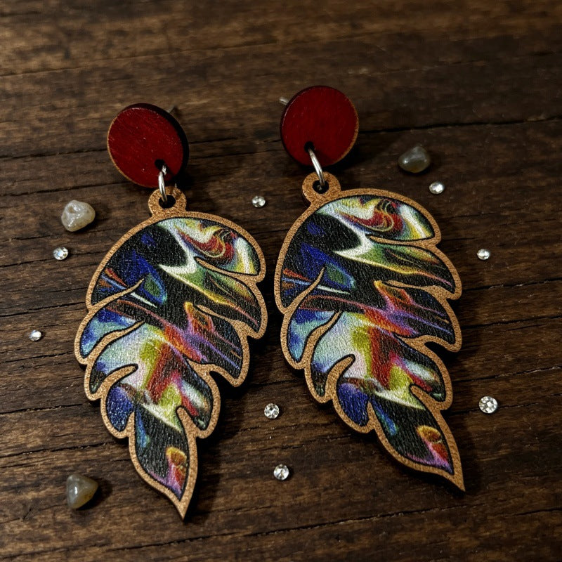 Wholesale Colorful Wooden Leaf Earrings Trendy Printed Monstera Drop Earrings Retro Fashion Jewelry Accessory Resale Boutique Gift