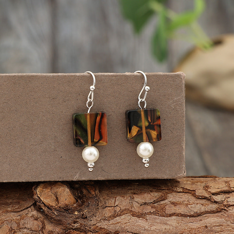Wholesale  Retro Compact Square Spliced Pearl Acrylic Bohemian Earrings