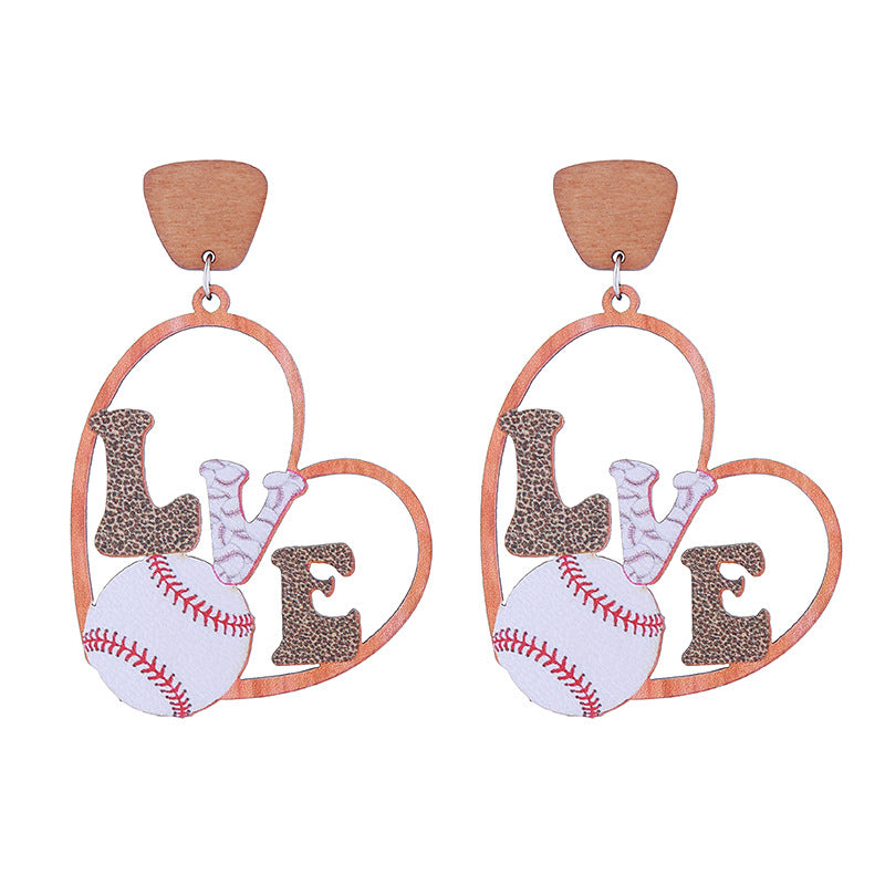 Wholesale Sports Style Baseball Heart Wooden Earrings