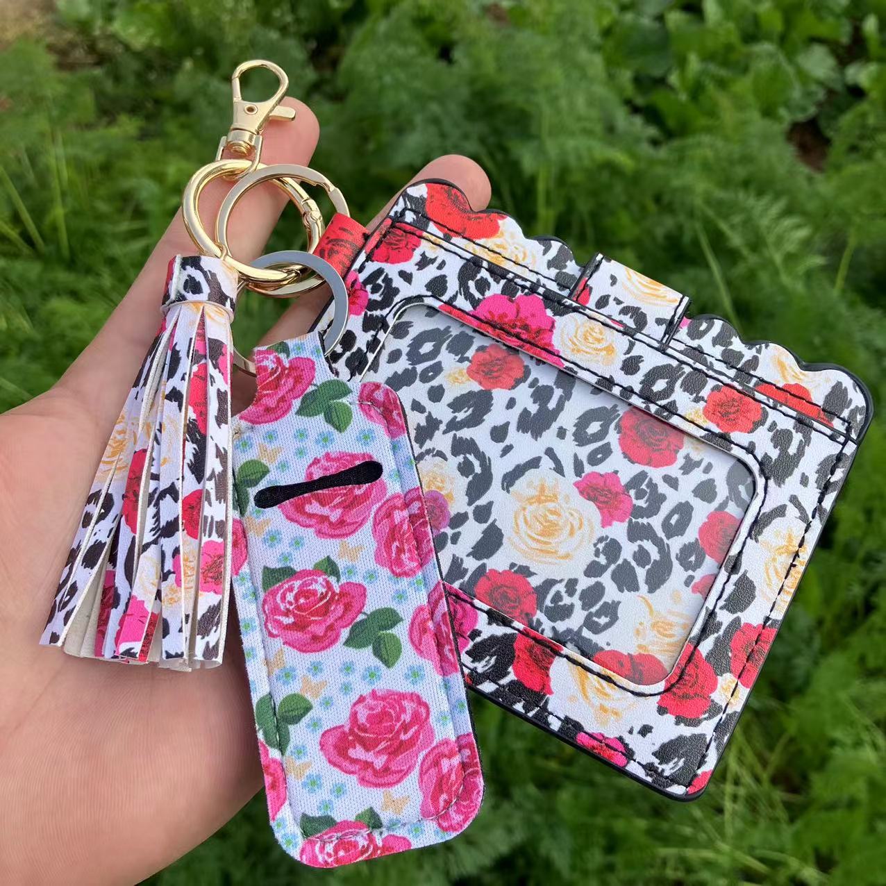Wholesale Leopard Print Sunflower Butterfly Lipstick Case Card Holder Keychain Wristlet Keychain ACC-KC-QiuXue018