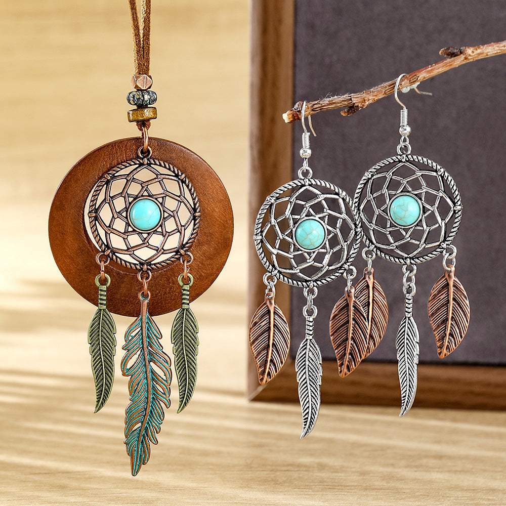 Wholesale Dream Catcher  Web Earrings and Necklace Set,  Alloy with Feather Tassel,  Ethnic Style Jewelry for Gift,  Party,  or Resale