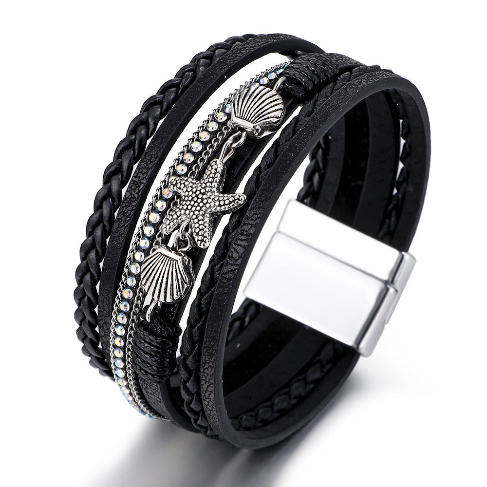 Wholesale Woven Artificial Leather Starfish Shell Bracelet Women S Bohemian Jewelry Accessory